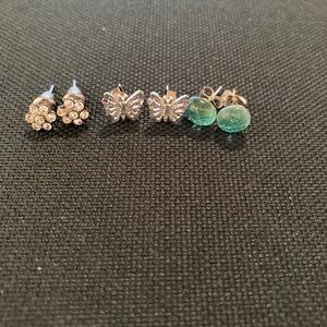 3 pairs of stud earrings: butterfly, flower & oval